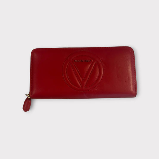 Valentino V Logo Red Smooth Leather Zip Around Long Wallet With Coin Pocket
