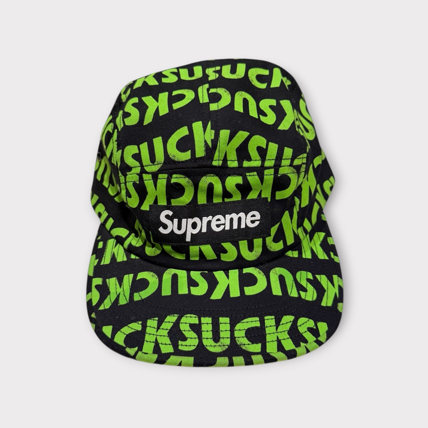 Supreme FW16 Suck Camp Cap Black Neon Green Mint Condition Adjustable Strap Made in USA Streetwear