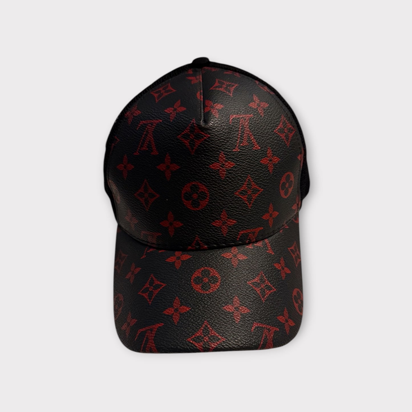LV Trucker Cap Black Mesh Red All Over Logo Adjustable Size One Size Streetwear Look