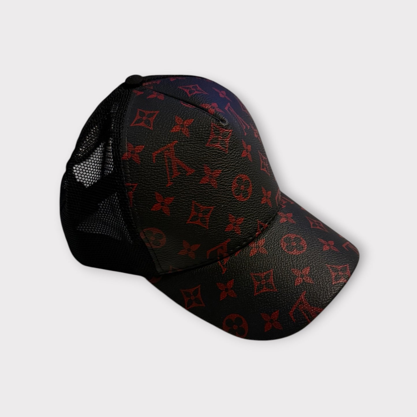 LV Trucker Cap Black Mesh Red All Over Logo Adjustable Size One Size Streetwear Look