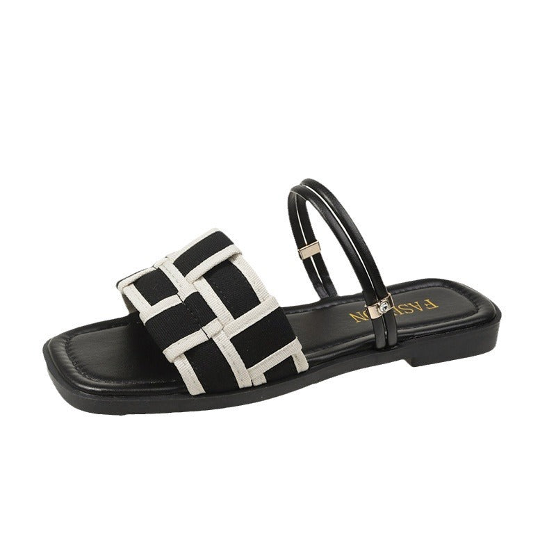 Square Toe Check Pattern Women's Flat