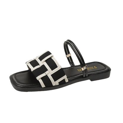 Square Toe Check Pattern Women's Flat