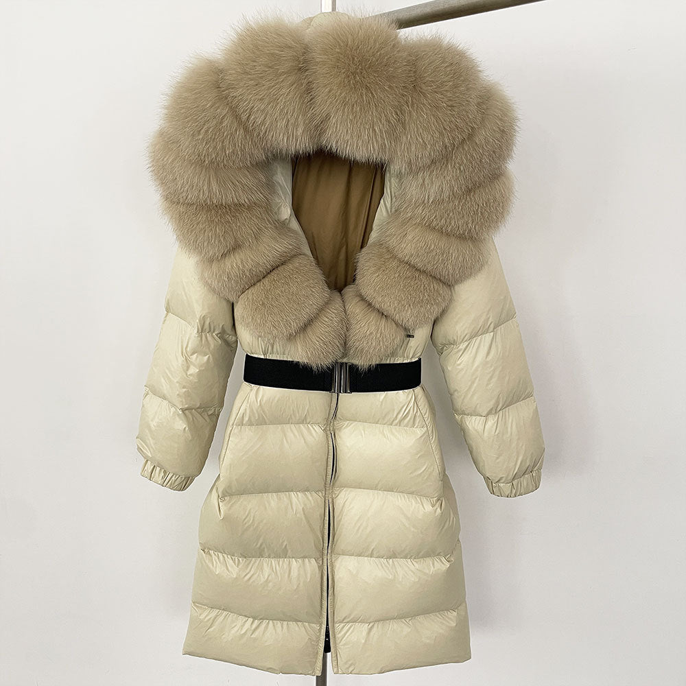 Women's Long Fur Jacket with Belt