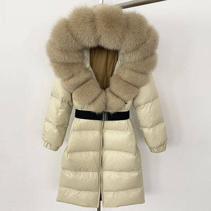 Women's Long Fur Jacket with Belt