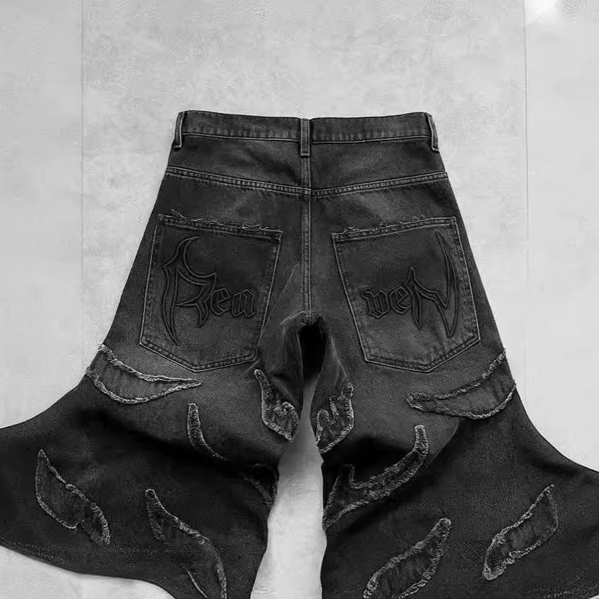 Retro Black Patchwork Streetwear Hole Jeans
