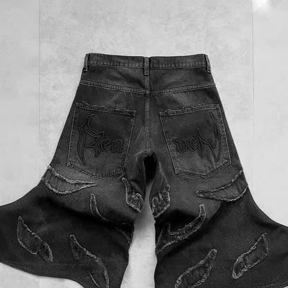 Retro Black Patchwork Streetwear Hole Jeans