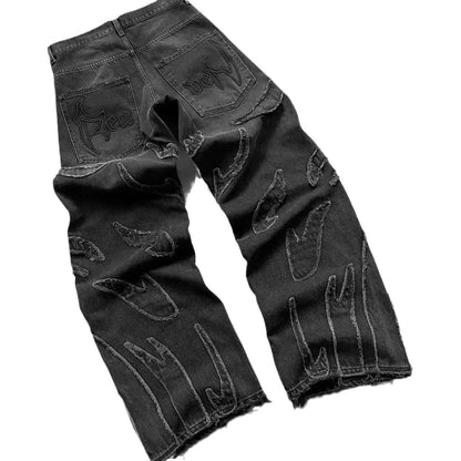 Retro Black Patchwork Streetwear Hole Jeans
