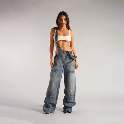 Zipper Denim Overalls With Pockets