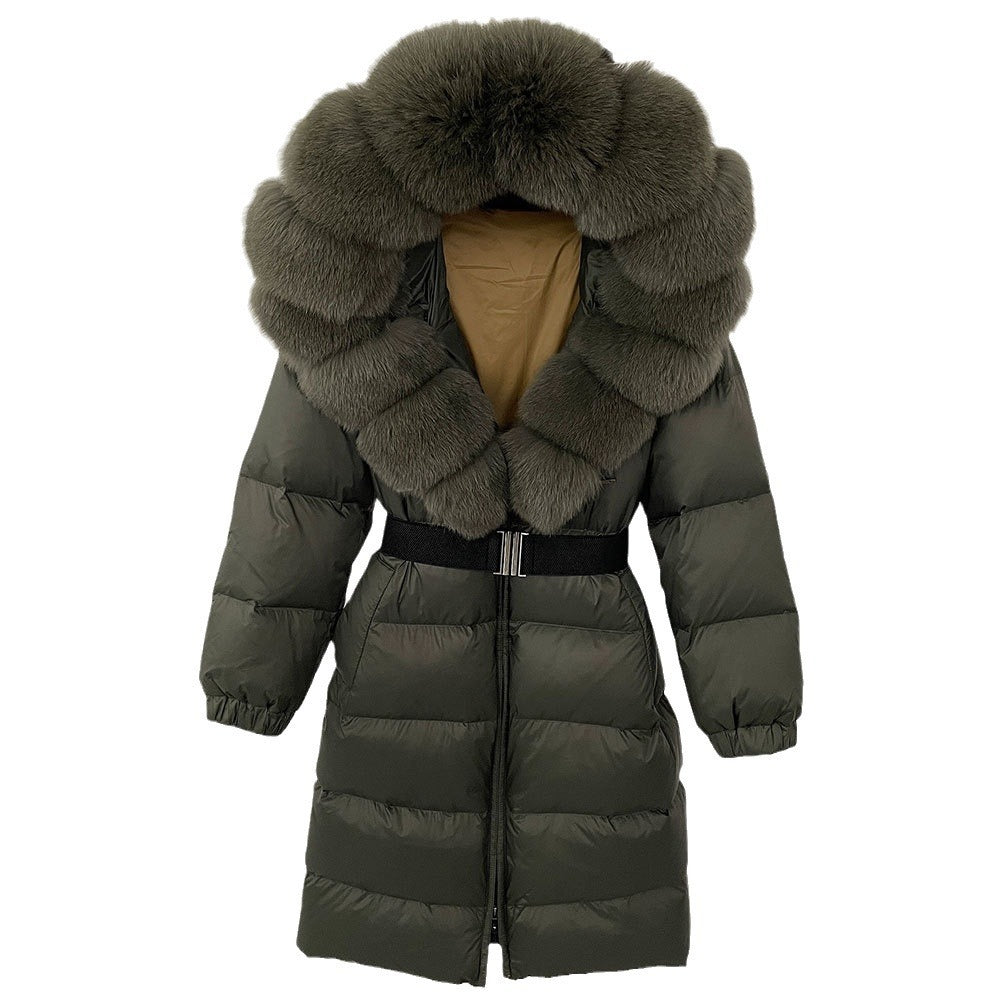 Women's Long Fur Jacket with Belt