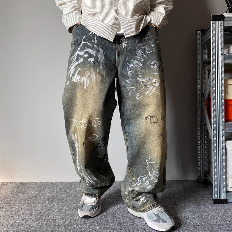 Mens Patchwork Design Loose Wide-Leg Draping Straight-Leg Pants