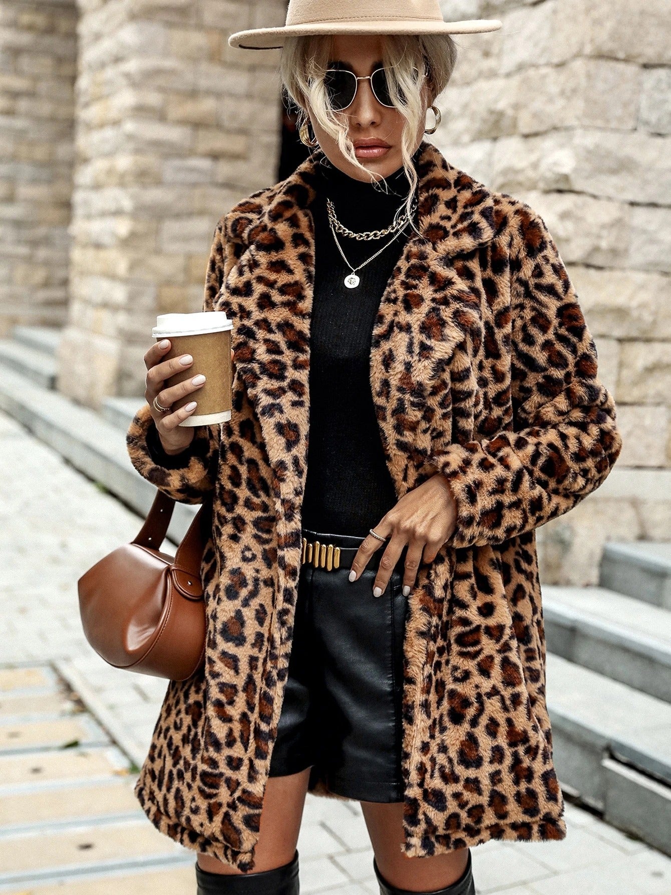 Leopard Print Long Sleeve Furry Coat