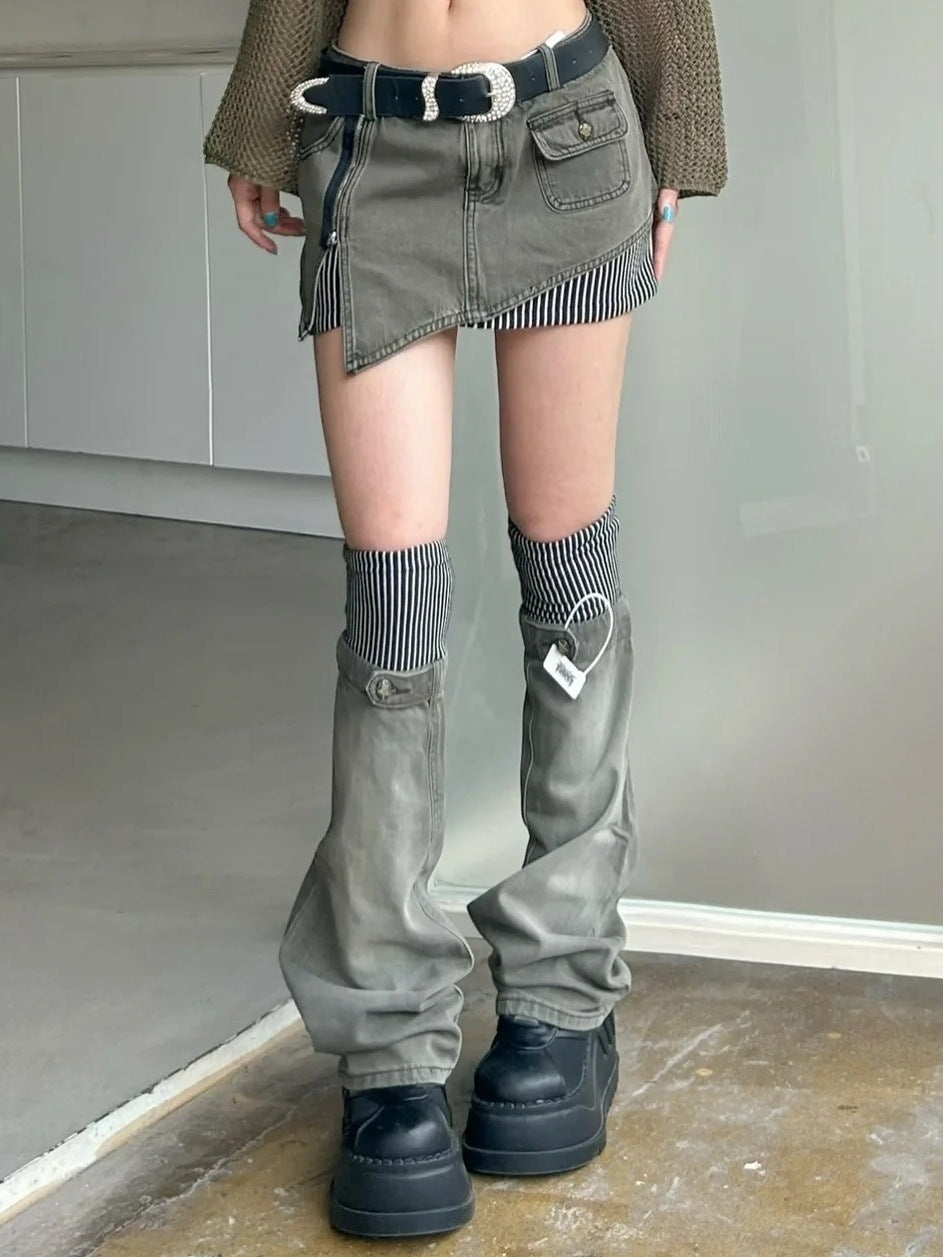 Retro Plus Size Striped Stitching Denim Suit Skirt