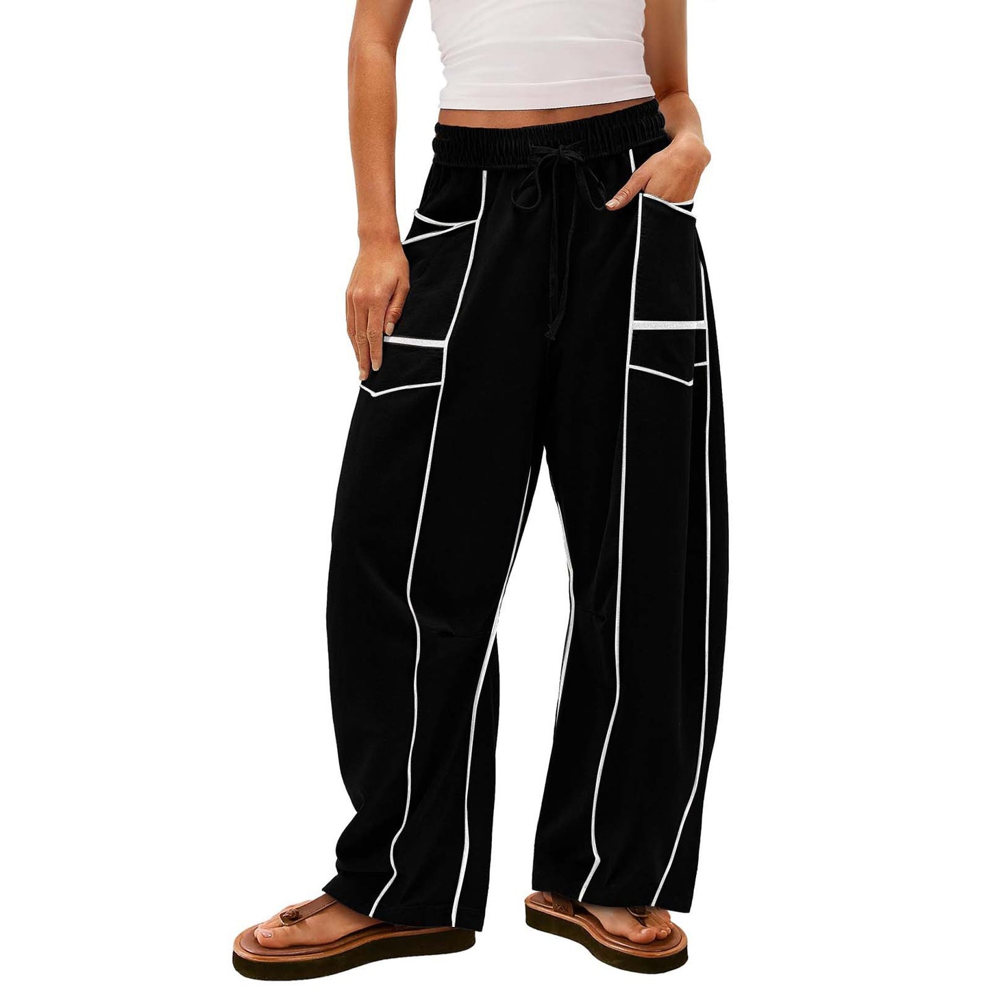 Black Striped Wide-leg Pants With Pockets