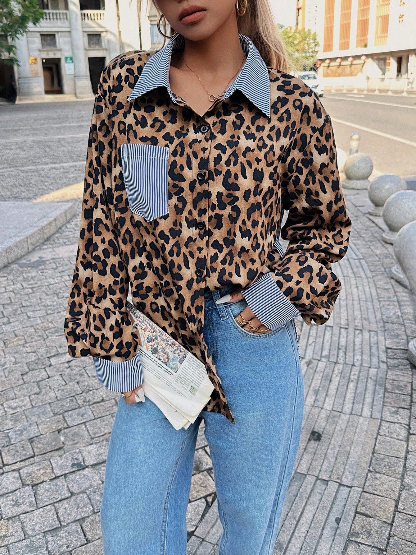 Leopard Striped Animal Print Patchwork Shirt