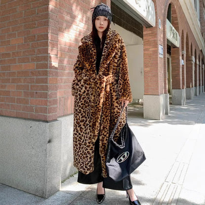 Women's Faux Fur Leopard Print Long Coat
