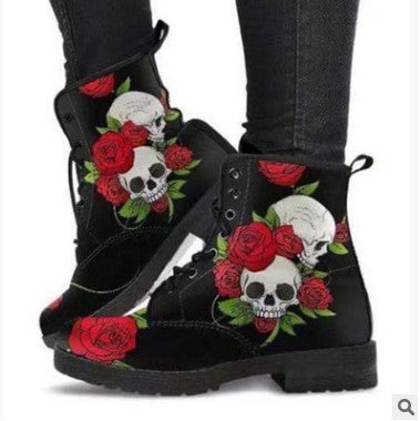 Floral Skull Ankle Boots