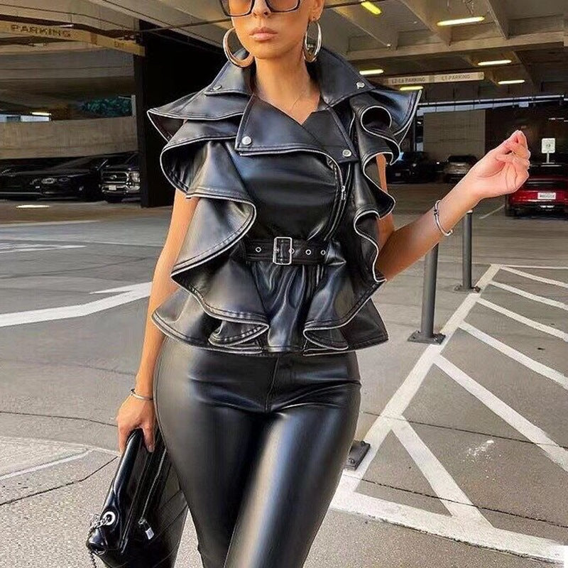 Rare Women’s Ruffled Leather Vest Jacket