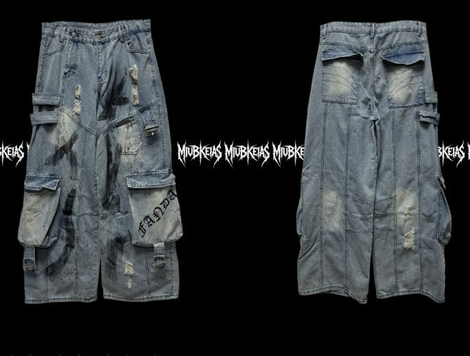 Multi-Pocket Ripped Wide-Leg Denim