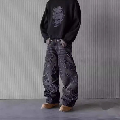 Retro Black Patchwork Streetwear Hole Jeans