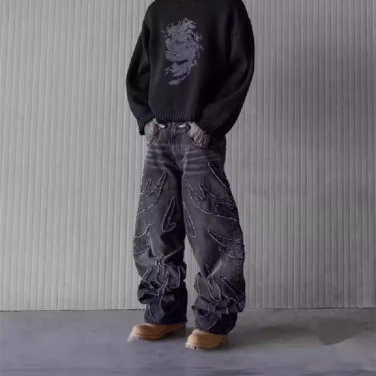 Retro Black Patchwork Hole Jeans