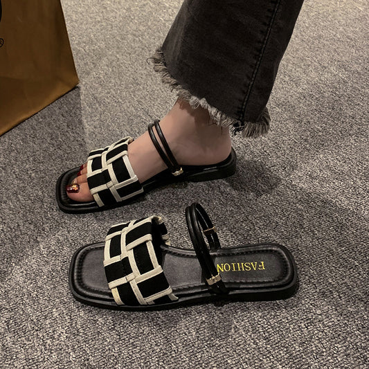 Square Toe Check Pattern Women's Flat