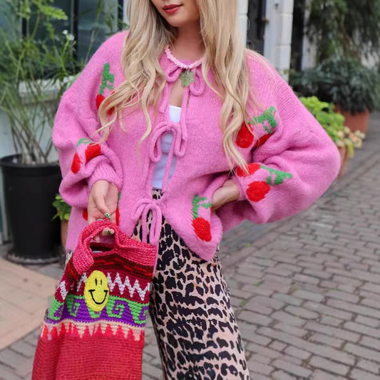 Cherry Embroidered Jacquard Cardigan