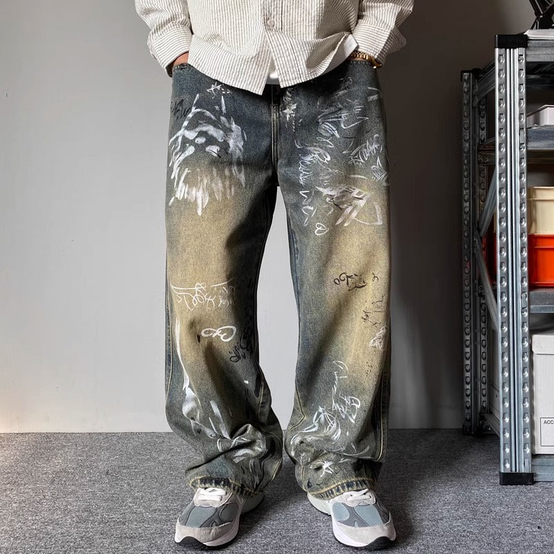 Mens Patchwork Design Loose Wide-Leg Draping Straight-Leg Pants