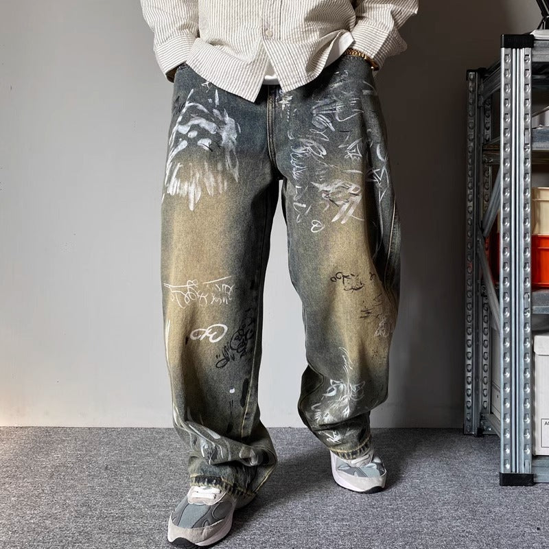 Mens Patchwork Design Loose Wide-Leg Draping Straight-Leg Pants