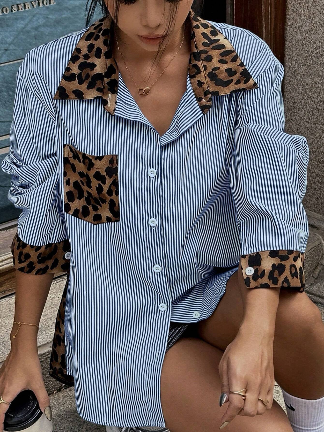 Leopard Striped Animal Print Patchwork Shirt