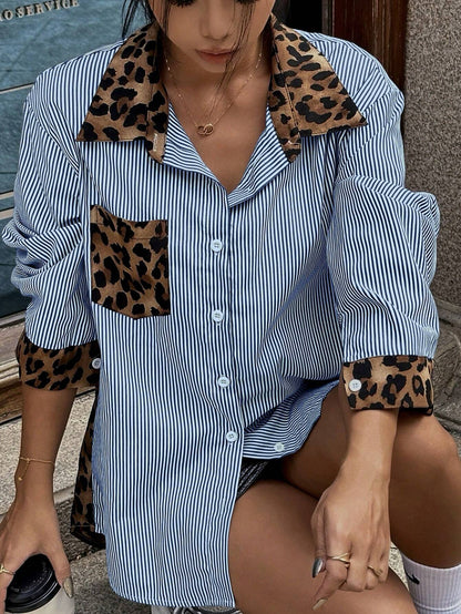 Leopard Striped Animal Print Patchwork Shirt