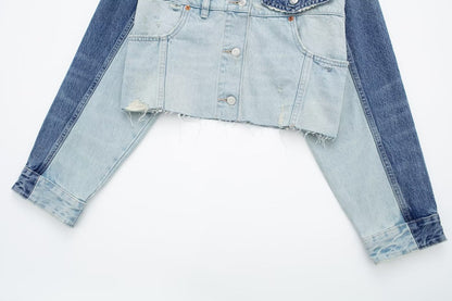 Polo Collar Long Sleeved Patchwork Denim Jacket