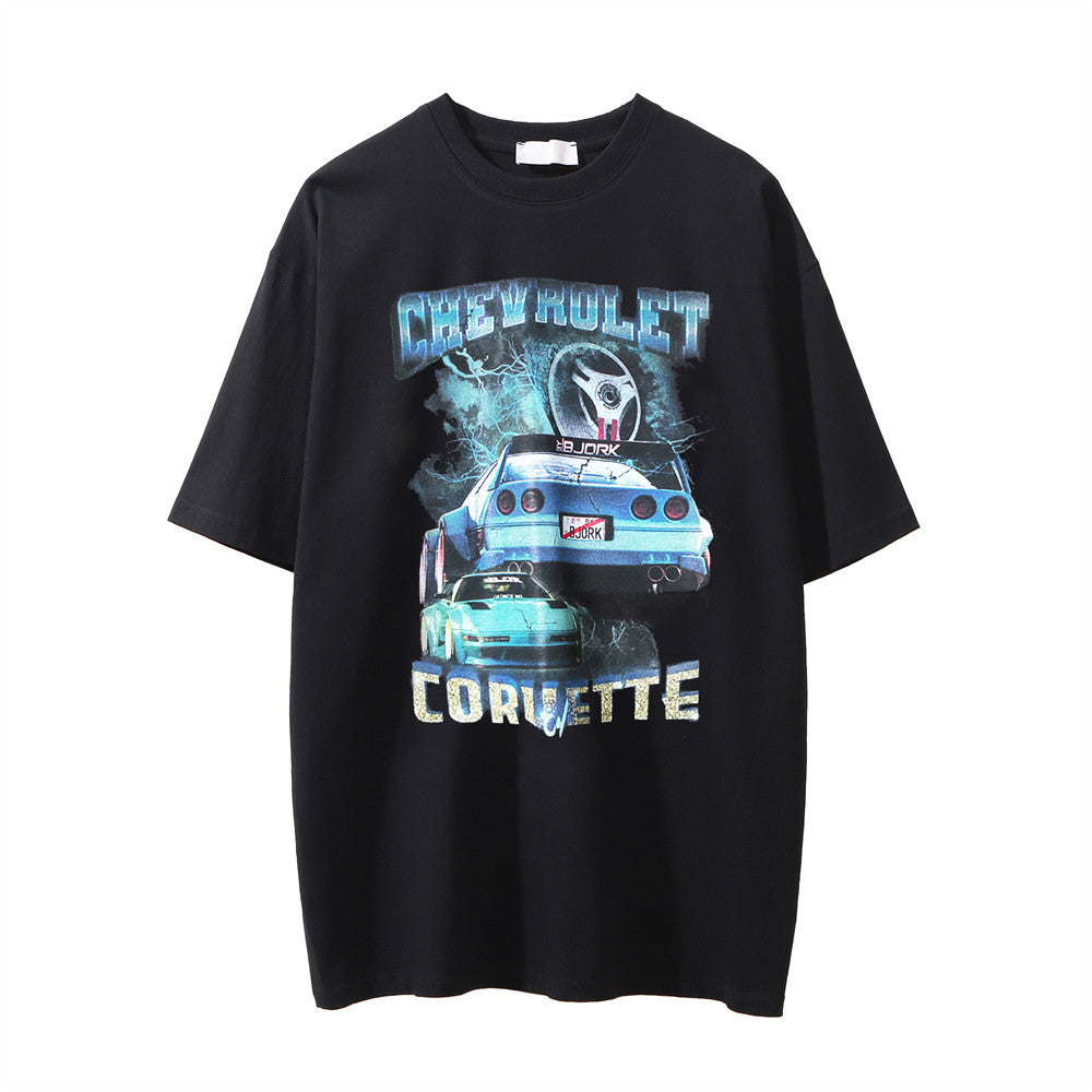 Car Printed Washed And Worn Round Neck T-shirt
