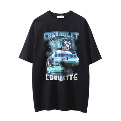 Car Printed Washed And Worn Round Neck T-shirt