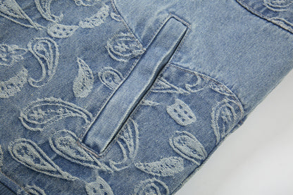 Men's Torn Cashew Flower Denim Jacket