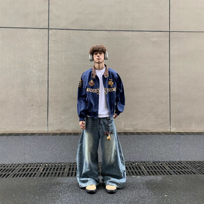 Streetwear Navy Blue Cropped Baseball Jacket