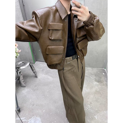 Korean Style Cutting Design Leather Jacket