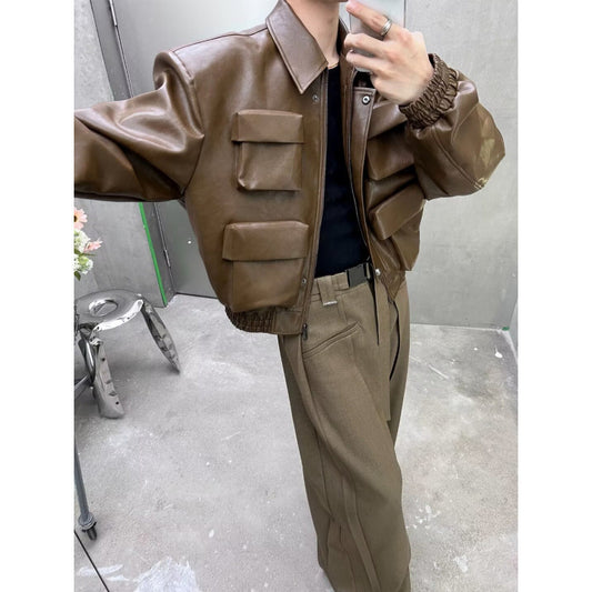 Korean Style Cutting Design Leather Jacket