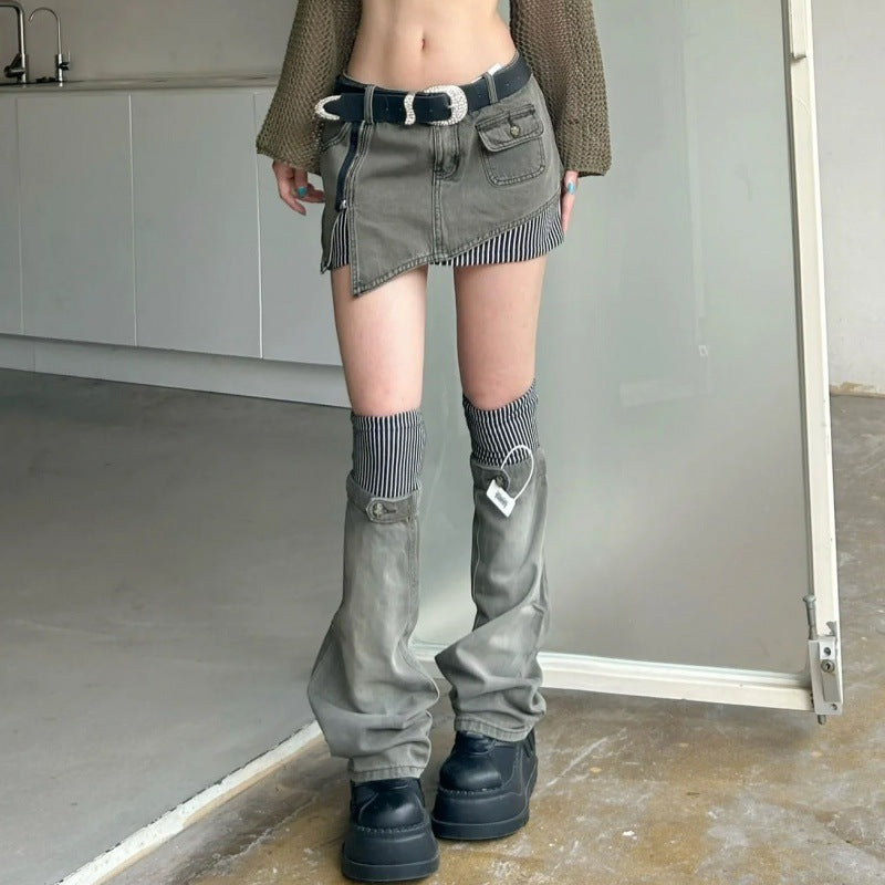 Retro Plus Size Striped Stitching Denim Suit Skirt