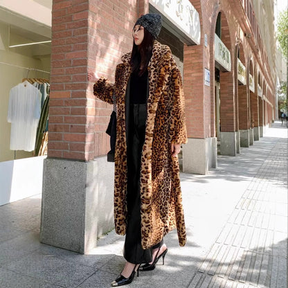 Women's Faux Fur Leopard Print Long Coat