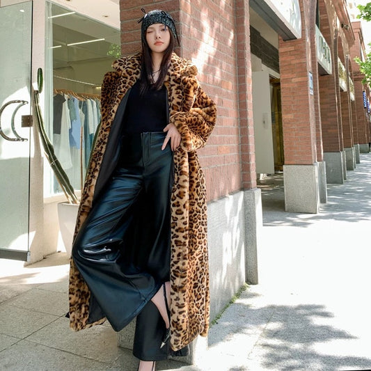 Women's Faux Fur Leopard Print Long Coat