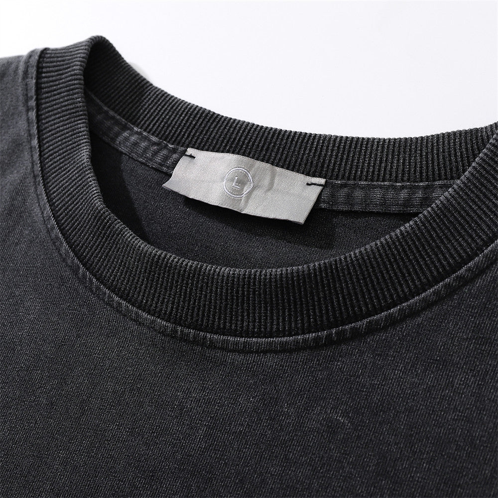 Car Printed Washed And Worn Round Neck T-shirt