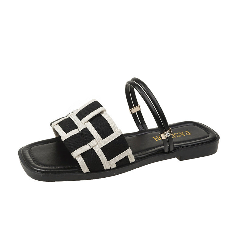 Square Toe Check Pattern Women's Flat