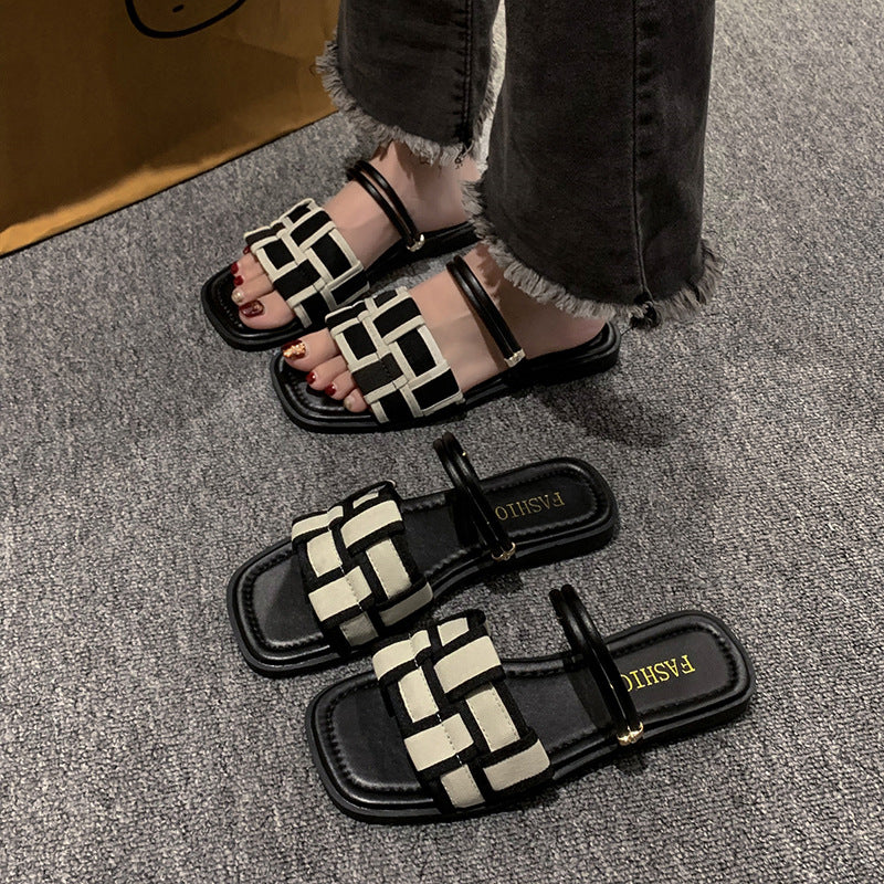 Square Toe Check Pattern Women's Flat
