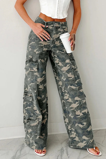 Wide Leg Camo Denim Cargo