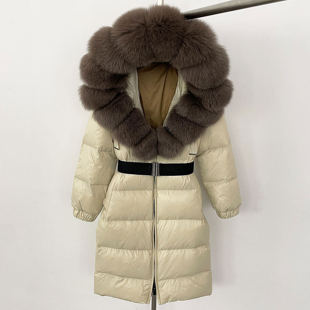 Women's Long Fur Jacket with Belt
