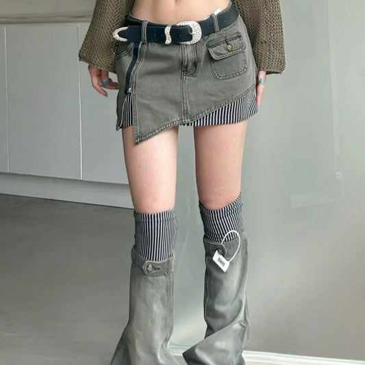 Retro Plus Size Striped Stitching Denim Suit Skirt